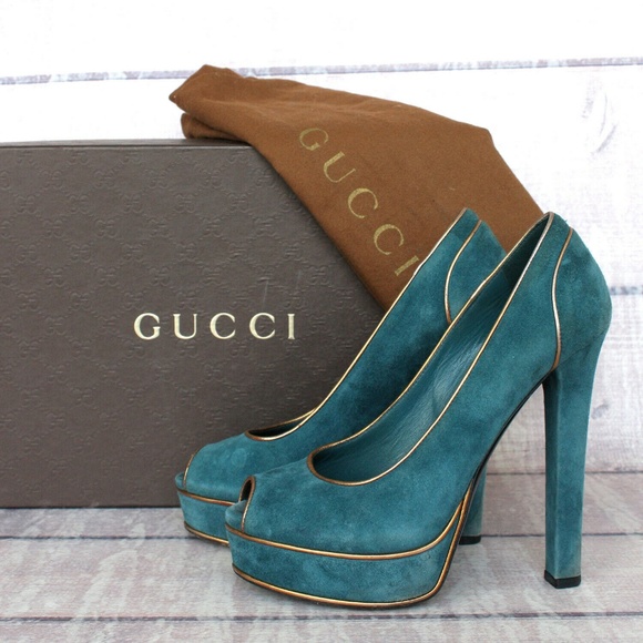 Gucci Shoes - Gucci Shoes Teal Gold Suede Huston Heels Box & Bag